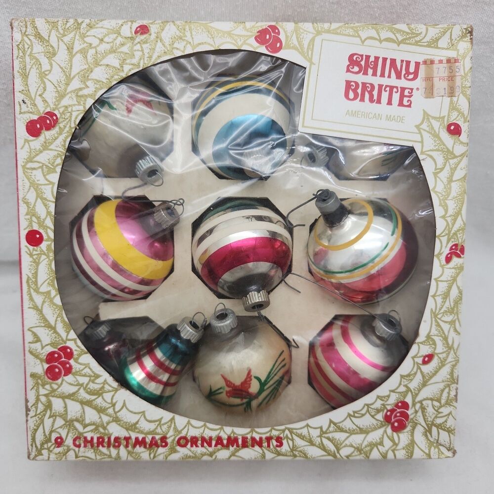 Ornament Shiny Brite Glass Striped Birds Bells Set Of 10 Vintage American Made